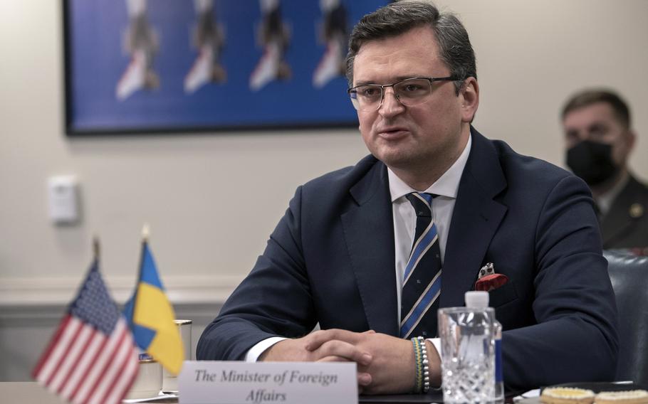 Ukraine Foreign Minister Dmytro Kuleba speaks during a meeting with U.S. Defense Secretary Lloyd Austin at the Pentagon in 2022. Kuleba said July 10, 2023, that NATO is putting his country on a fast track for eventual membership. The accession still would have to wait for the end of Russia's war on Ukraine.