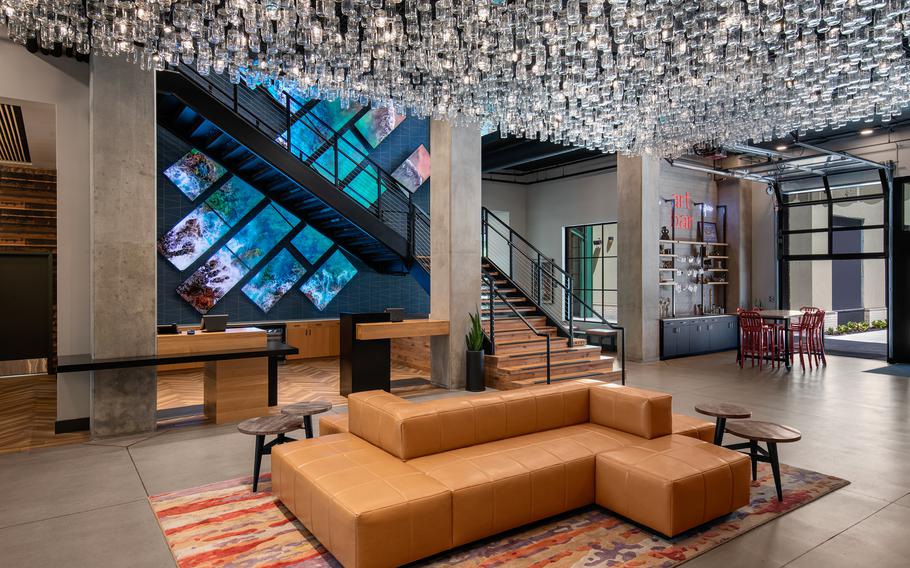 Behind the stairs in the lobby of the Gordon Hotel in Eugene, Ore., is the “Great Wall,” a large-scale digital art installation that was undertaken in partnership with art collective Harmonic Laboratory. 