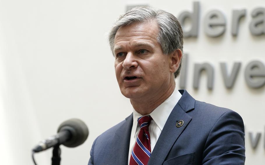FBI Director Christopher Wray during a news conference Aug. 10, 2022, in Omaha, Neb. The FBI has said it opens a new counterintelligence investigation involving China every 10 hours on average.