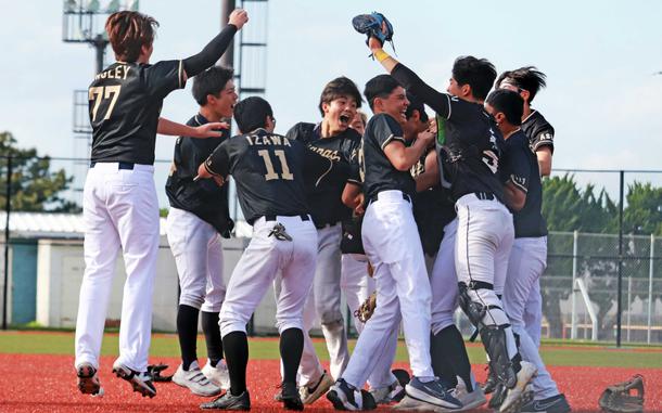Time to bounce at Berkey. ASIJ players celebrate their D-I baseball title.