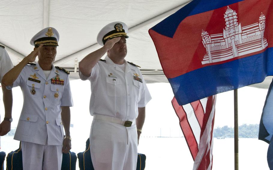 Cambodian and U.S. Navy officials attend the opening ceremony for Cooperation Afloat Readiness and Training, or CARAT, in Sihanoukville, Cambodia, in 2010. 
