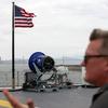 Dr. Rob Wood on the flight deck of the USS Hornet Museum with a Cloud Aerosol Research Instrument on Wednesday, April 24, 2024, in Alameda, Calif (Aric Crabb/Bay Area News Group)