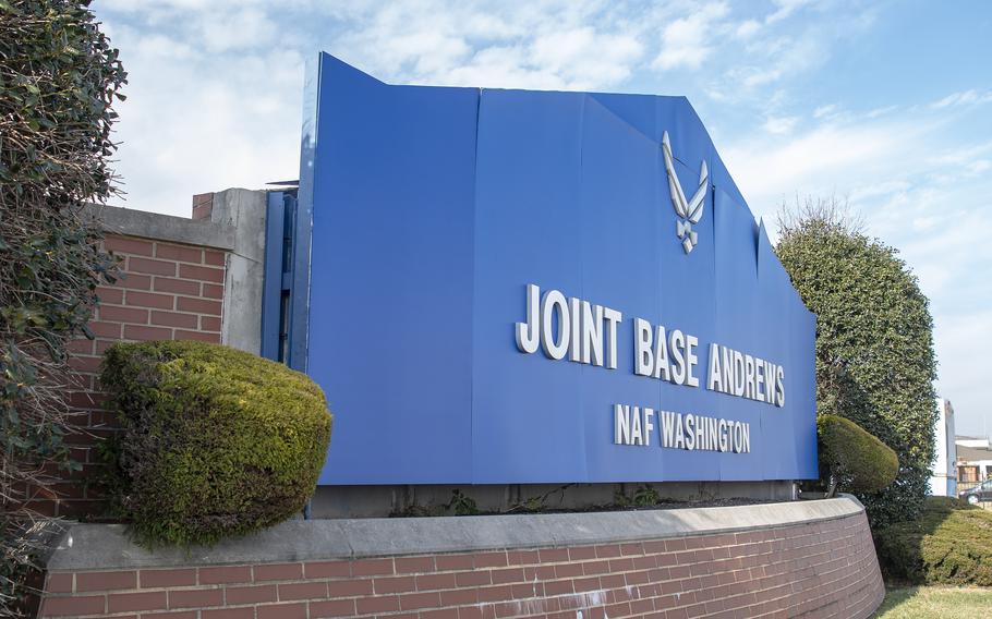 A Joint Base Andrews sign faces toward the Maryland base’s flight line on Dec. 10, 2021. 