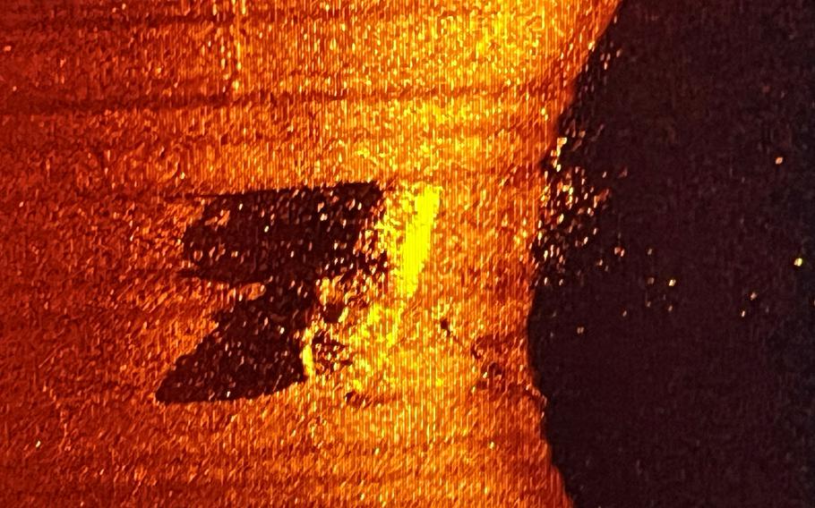 A side-scan sonar image shows the wreck of Quest, Sir Ernest Shackleton’s last expedition ship on which he died off the island of South Georgia in the South Atlantic in 1922, as it lies upright and intact on the seabed at a depth of 1,280 feet northwest of St. John’s, Newfoundland, Canada.