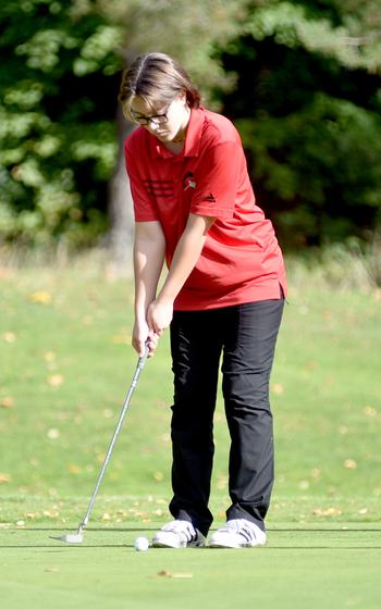 Kaiserslautern’s Reigen Pezel putts on the No. 18 green during the DODEA European golf championships at the Rheinblick Golf Course in Wiesbaden, Germany.