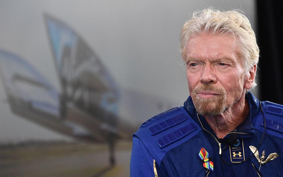 Sir Richard Branson listens to a question on July 11, 2021, after he flew into space aboard a Virgin Galactic vessel.