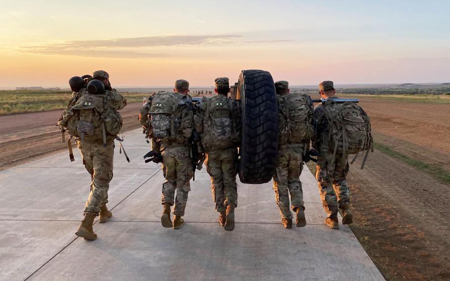 Soldiers ruck march at Fort Carson, Colo. 