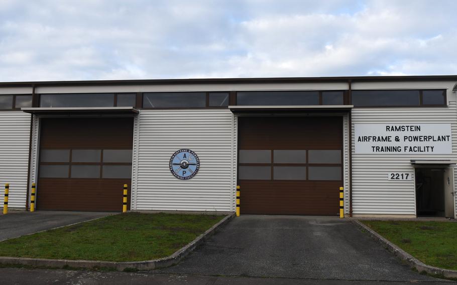 The new Airframe and Powerplant training and testing facility at Ramstein Air Base, Germany, Nov. 15, 2022. The Federal Aviation Administration certified the center on Nov. 16, the first such training program of its kind overseas and on a U.S. military base.