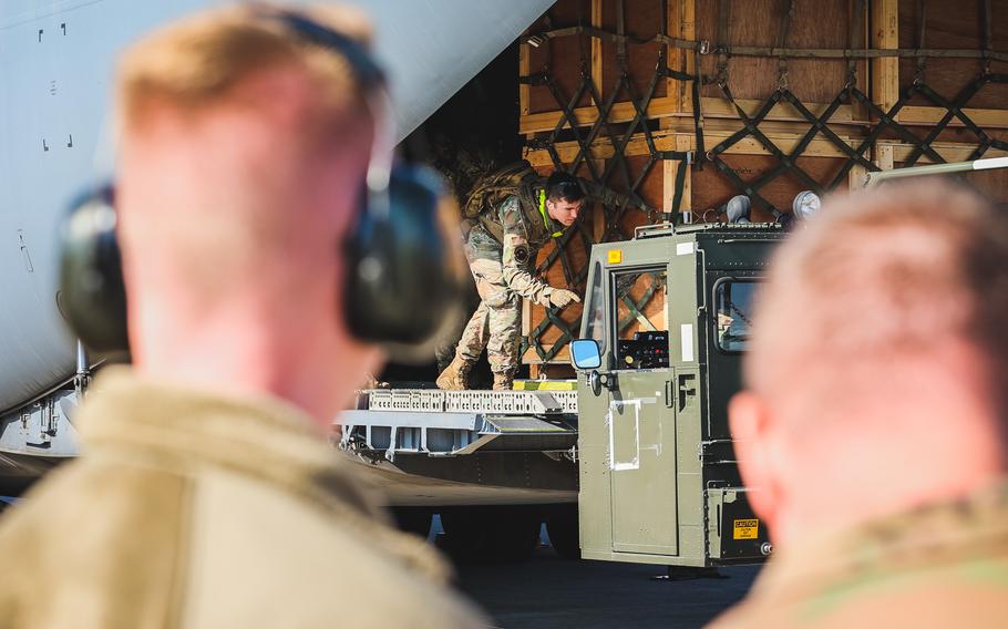 U.S. Air Force members offload tents to aid earthquake victims Feb. 22, 2023, at Incirlik Air Base, Turkey. Three months after devasting earthquakes that killed more than 50,000 people in southern Turkey and northern Syria, airmen at Incirlik are looking to resume a nascent outreach program with the Turkish-American Association’s language school in Adana.