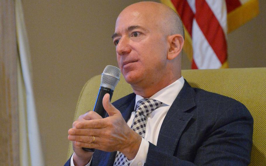 Jeff Bezos, founder of private space company Blue Origin and the Amazon.com, at Ft. MacArthur, San Pedro, Calif., Oct 25, 2017.