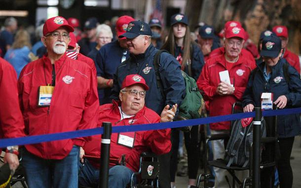 Sixty-three veterans prepare to board their flight for the Central Valley Honor Flight #21 Monday morning, May 16, 2022 at Fresno Yosemite International Airport.