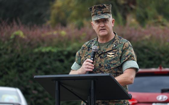 U.S. Marine Corps Col. Mark Bortnem, commanding officer, Marine Corps Air Station (MCAS) Beaufort, gives his proclamation against domestic violence at MCAS Beaufort, South Carolina, Oct. 11, 2023. The 2023 Domestic Violence Awareness Month campaign encourages the military community to speak up and share information about preventing domestic abuse and supporting those who have experienced it. (U.S. Marine Corps photo by Lance Cpl. Nathan Saucier)