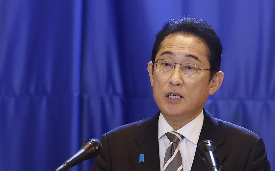 Japan’s Prime Minister Fumio Kishida attends a briefing in Qatar on July 18, 2023.