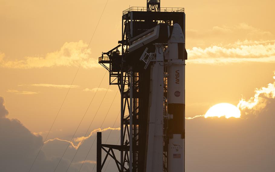 In this NASA handout, a SpaceX Falcon 9 rocket with the company’s Dragon spacecraft on top is seen at sunset on the launch pad at Launch Complex 39A as preparations continue for the Crew-7 mission, on Aug. 23, 2023, at NASA’s Kennedy Space Center in Cape Canaveral, Fla.