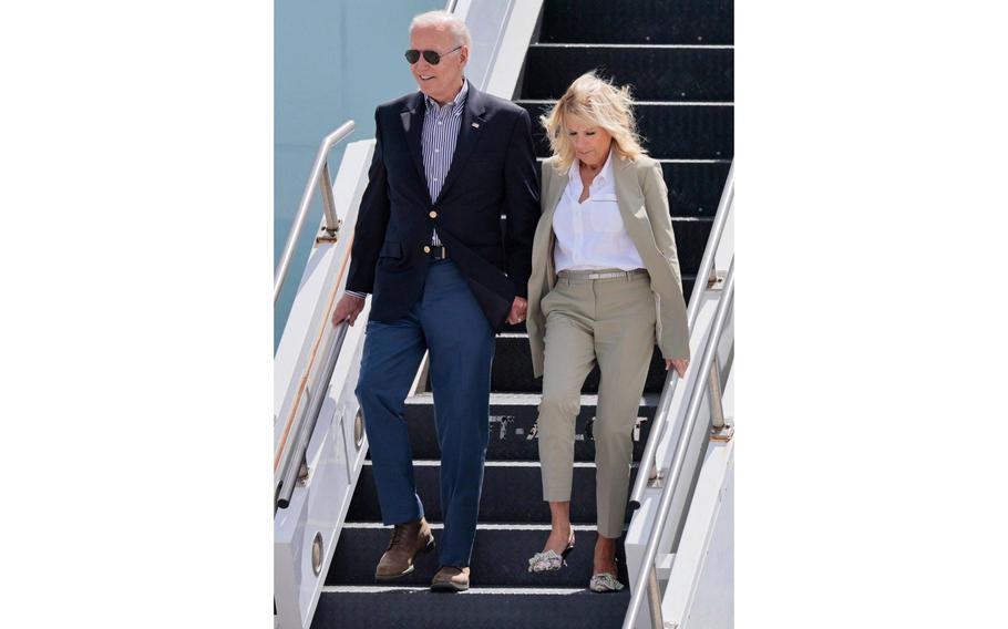 President Joe Biden and First Lady Jill Biden arrive at Southwest Florida International Airport in Fort Myers on Oct. 5, 2022.