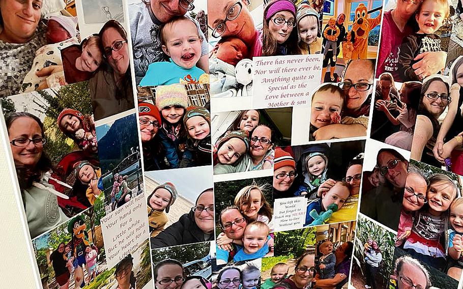 A collage of photos of Caleb Anders as a baby and toddler with his family includes quotes, such as “There has never been, nor will there ever be, anything quite so special as the love between a mother & son.”