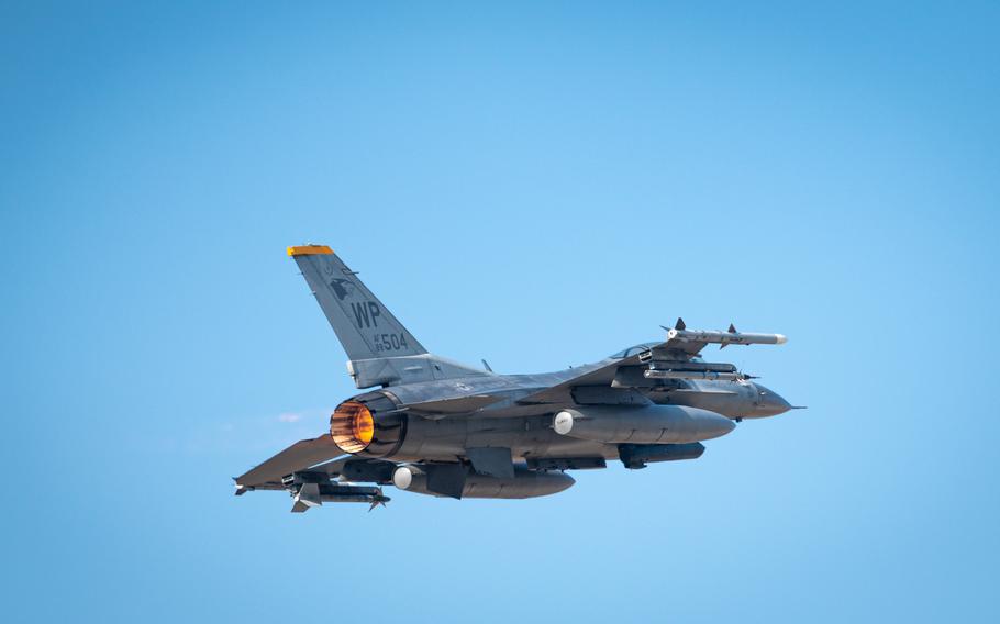 An Air Force F-16 Fighting Falcon flies over Kunsan Air Base, South Korea, Nov. 15, 2023. 