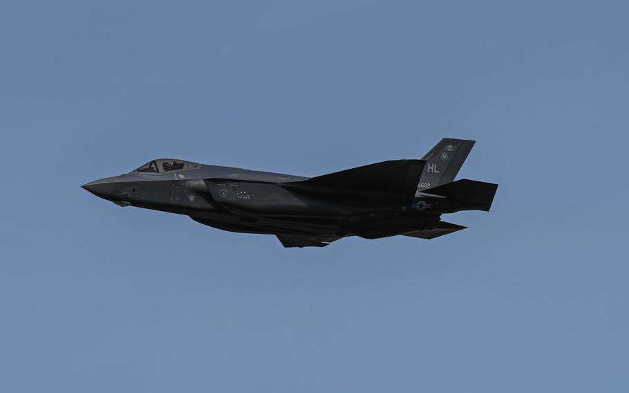 A U.S. Air Force F-35 Lightning II performs during the Thunder Over the Rock Air Show at Little Rock Air Force Base, Ark., Oct. 21, 2023.