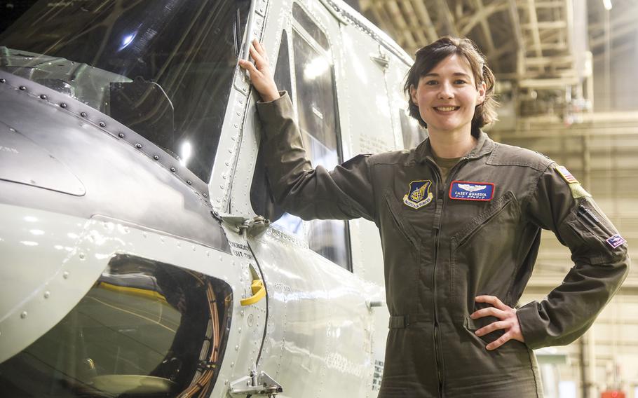 Capt. Casey Guardia, a Huey pilot for the 49th Airlift Squadron, poses at Yokota Air Base, Japan, on March 8, 2024. 