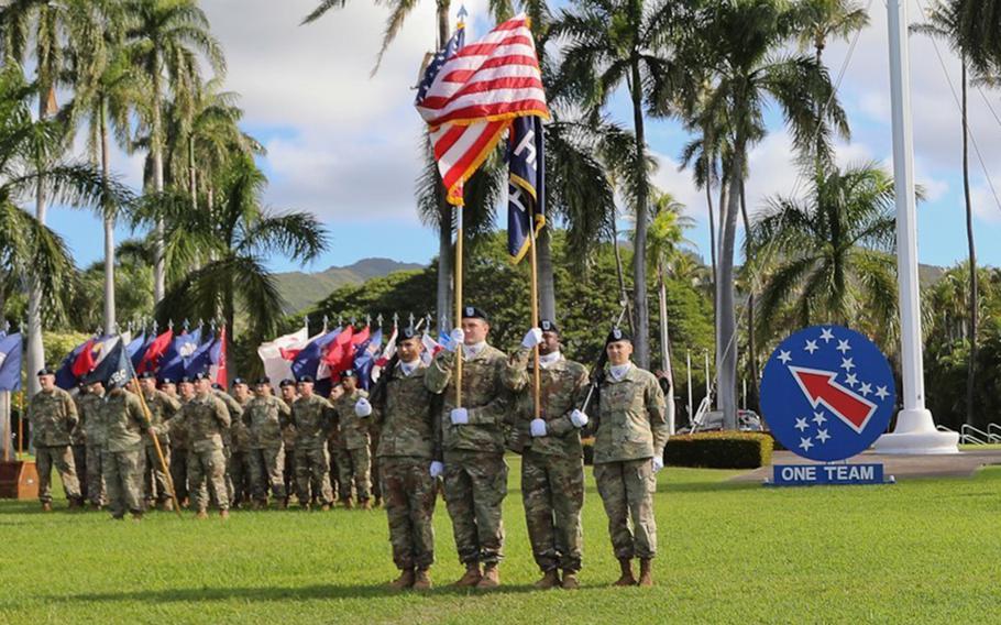 Soldiers take part in a ceremony at U.S. Army Pacific headquarters on Fort Shafter, Hawaii, in 2018.
