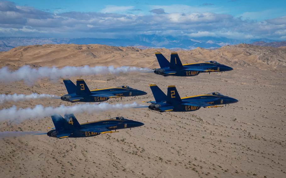 The Blue Angels take flight during winter training at Naval Air Facility El Centro.