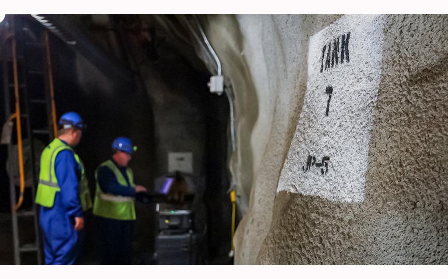 Contractors conduct monitoring operations at tank seven during tank tightness testing at Red Hill Bulk Fuel Storage Facility at Halawa, Hawaii, on Wednesday, June 28, 2023. 