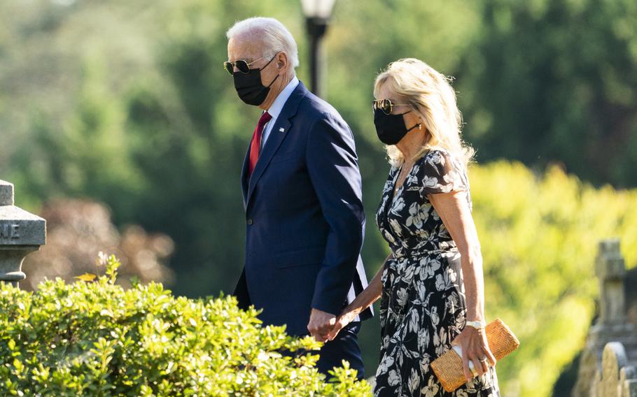 President Joe Biden and first lady Jill Biden leave St. Joseph on the Brandywine Catholic Church in Wilmington, Del., after attending a Mass, Saturday, Sept. 4, 2021.