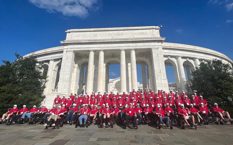 Eastern Iowa Honor Flight participants pose outside a memorial in Washington, D.C., on Sept. 20, 2023.
