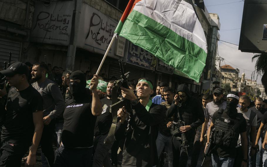 The funeral for several Hamas militants, including Mohammed Fayyadh, 19, on Friday, Nov. 10, 2023, in the Jenin refugee camp in the West Bank.