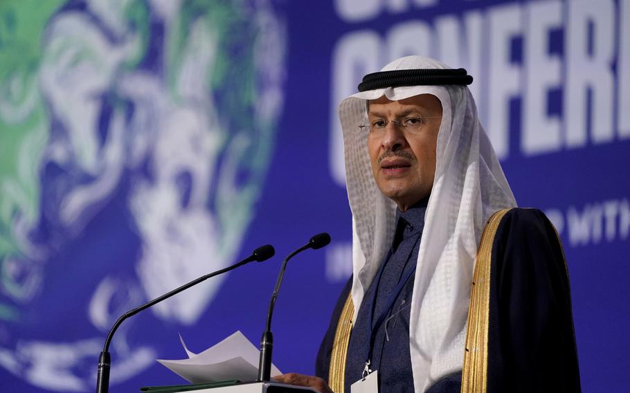 FILE - Saudi Arabia's Minister of Energy Prince Abdulaziz bin Salman Al Saud speaks at the COP26 U.N. Climate Summit in Glasgow, Scotland, on Nov. 10, 2021. OPEC and allied oil-producing countries meet Thursday, Dec. 2, 2021, under the shadow of a surprise new COVID-19 threat, with uncertainty over the omicron variant's future impact on the global economic recovery hanging over their decision on how much oil to pump to a world that is paying more for gasoline.  (AP Photo/Alberto Pezzali, File)