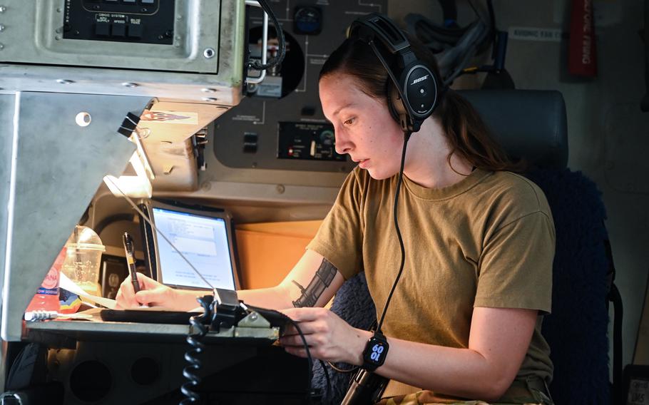 Senior Airman Nicole Snowden, an 816th Expeditionary Airlift Squadron loadmaster, goes through a preflight checklist July 12, 2022, at Al Udeid Airbase, Qatar.