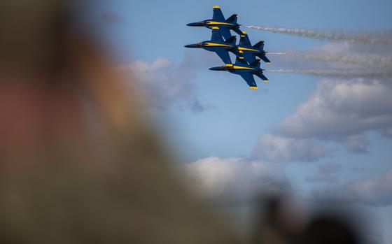 The Blue Angels give a preview of whats to come during the weekend air show at Naval Air Station Oceana in Virginia Beach on Friday, Sept. 15, 2023. (Kendall Warner/The Virginian-Pilot)