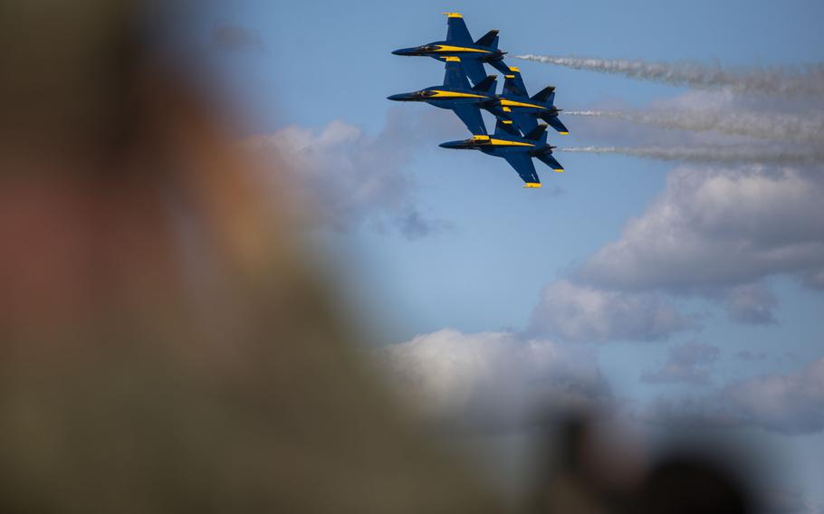 The Blue Angels give a preview of what is to come during the weekend air show at Naval Air Station Oceana in Virginia Beach, Va., on Friday, Sept. 15, 2023. 