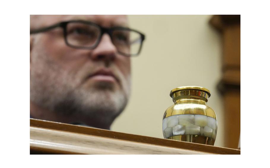 Brandon Dunn, co-founder of Forever 15 Project, testifies in front of an urn containing the ashes of his son Noah, who died from a fentanyl overdose, during a hearing on U.S. southern border security on Capitol Hill, Feb. 01, 2023, in Washington, DC.