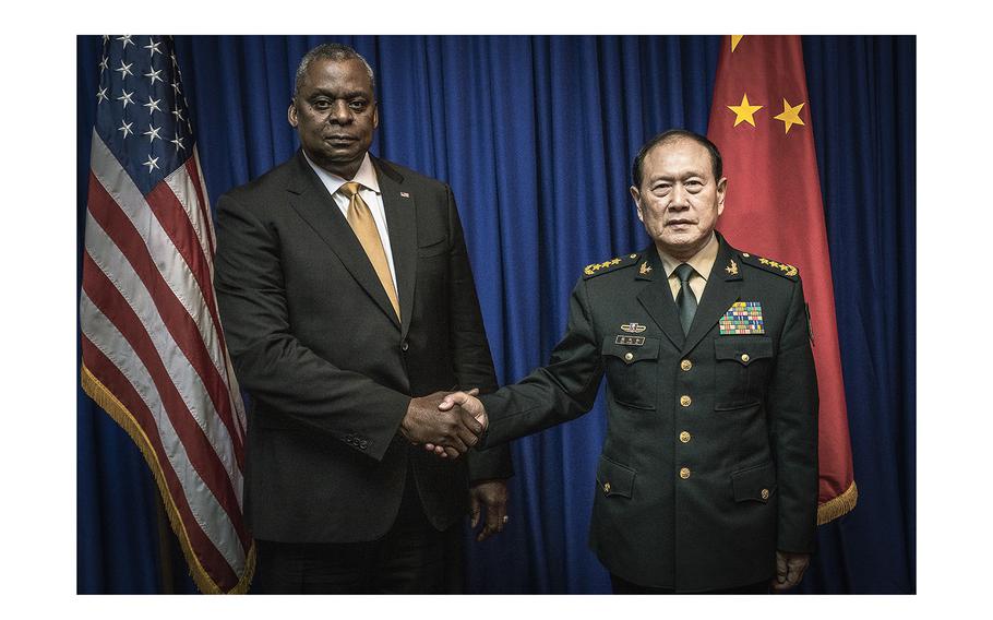 Secretary of Defense Lloyd Austin III meets with General Wei Fenghe, Minister of National Defense of the People’s Republic of China, on the margins of the Association of Southeast Asia Nations Defense Ministers Meeting-Plus in Siem Reap, Cambodia, on Nov. 22, 2022. 