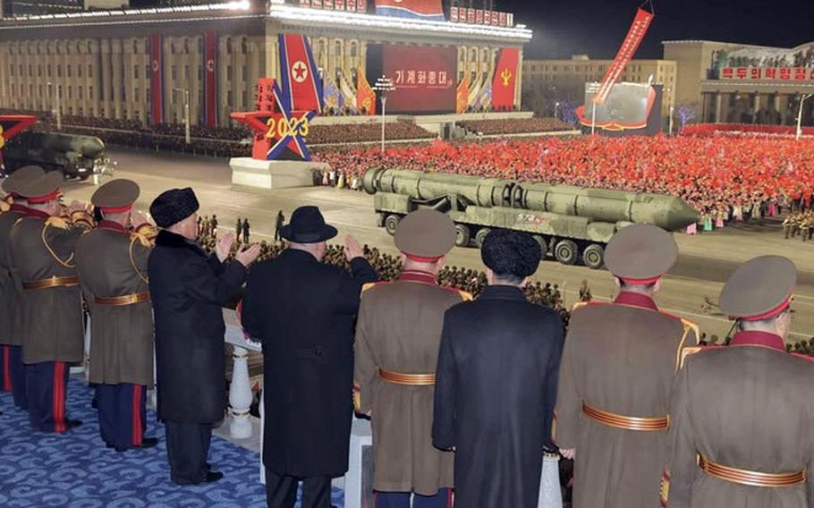 North Korea held a parade marking the 75th anniversary of its army’s founding on Wednesday, Feb. 8, 2023, in Pyongyang, where it showcased roughly 15 intercontinental ballistic missiles.