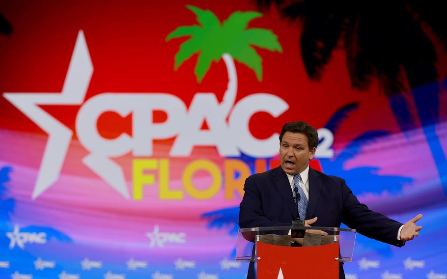 Florida Gov. Ron DeSantis speaks at the Conservative Political Action Conference at The Rosen Shingle Creek on Feb. 24, 2022, in Orlando, Fla.