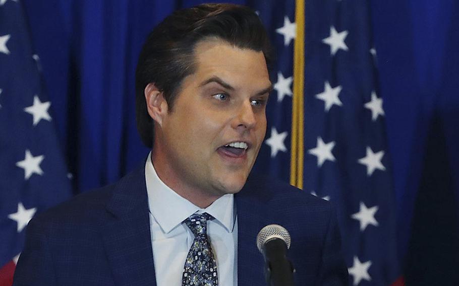 U.S. Rep Matt Gaetz, R-Fla., speaks during an event in The Villages, Florida, on May 7, 2021. In the lead up to the not guilty verdict in the Kyle Rittenhouse murder trial, Gaetz said Rittenhouse would make a pretty good congressional intern.