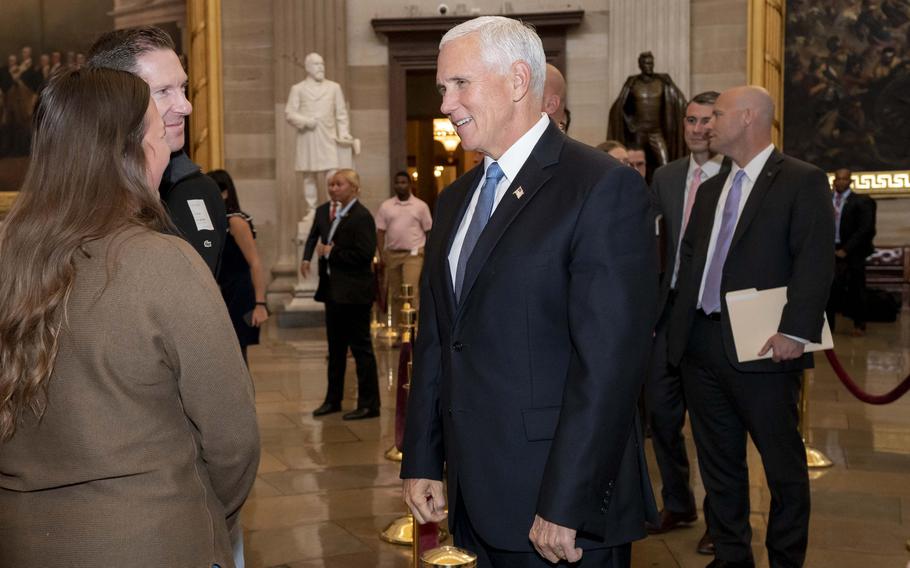 Then-Vice President Mike Pence arrives at the U.S. Capitol in Washington, D.C. Tuesday, Nov. 5, 2019, and is greeted by guests and supporters.