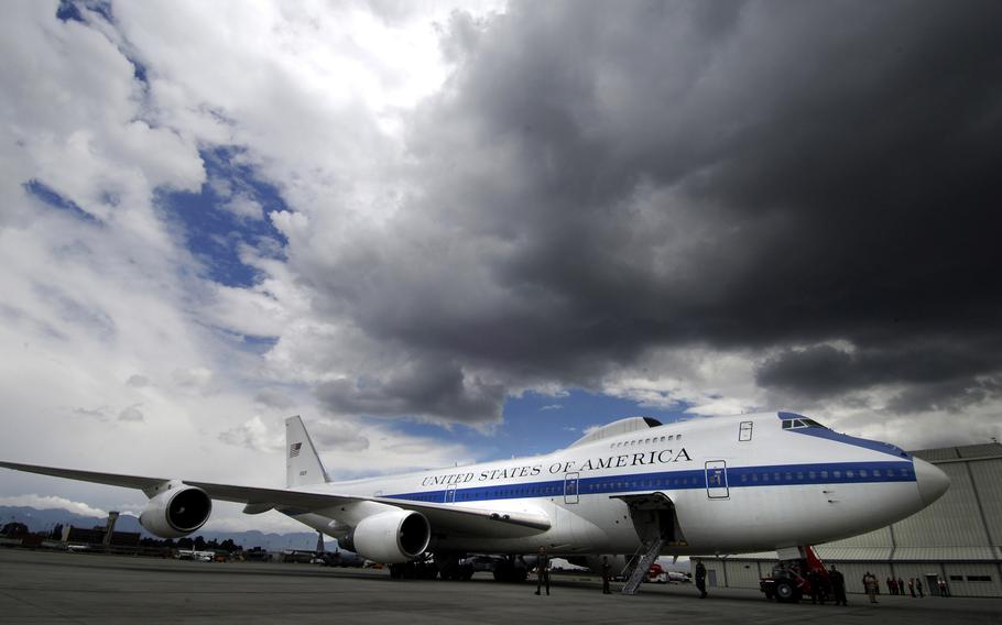An Air Force E-4B National Airborne Operations Center aircraft sits at the international airport in Bogota, Colombia.