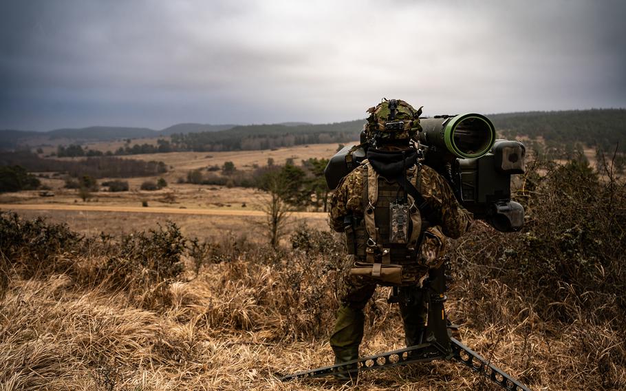 A Latvian air defense soldier engages simulated air threats during the Allied Spirit exercise at the Joint Multinational Readiness Center, Hohenfels, Germany, on Jan. 27, 2022. This year's version of the exercise began Feb. 26 and includes 6,500 troops from the United States and allied nations.