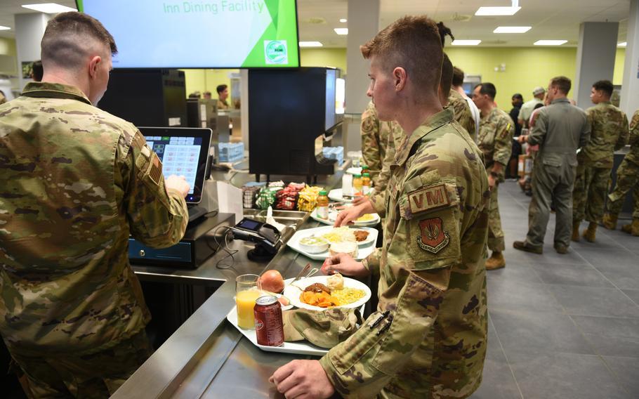 Long lines quickly formed inside the Rheinland Inn Dining Facility at Ramstein Air Base, Germany, on July 18, 2022. The refurbished dining hall is open to Defense Department ID card holders and their family members. 