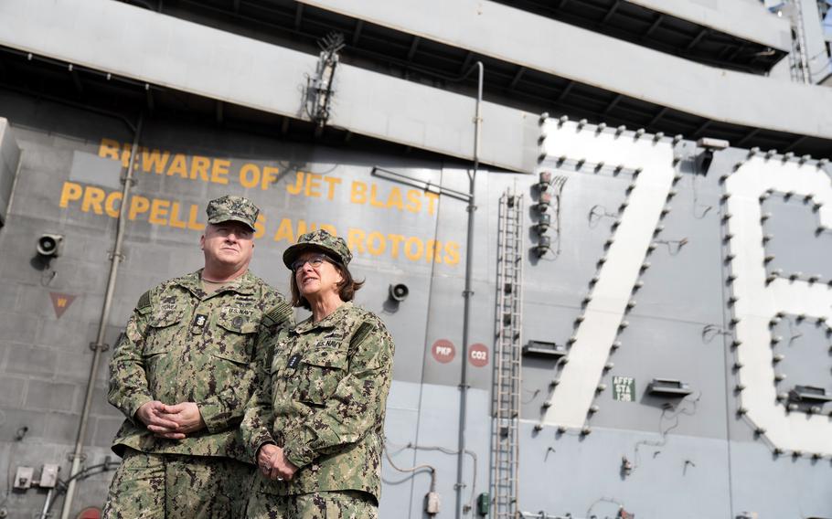 Chief of Naval Operations Adm. Lisa Franchetti and Master Chief Petty Officer of the Navy James Honea spend Thanksgiving with sailors aboard the USS Ronald Reagan at Yokosuka Naval Base, Japan, Thursday, Nov. 23, 2023. 