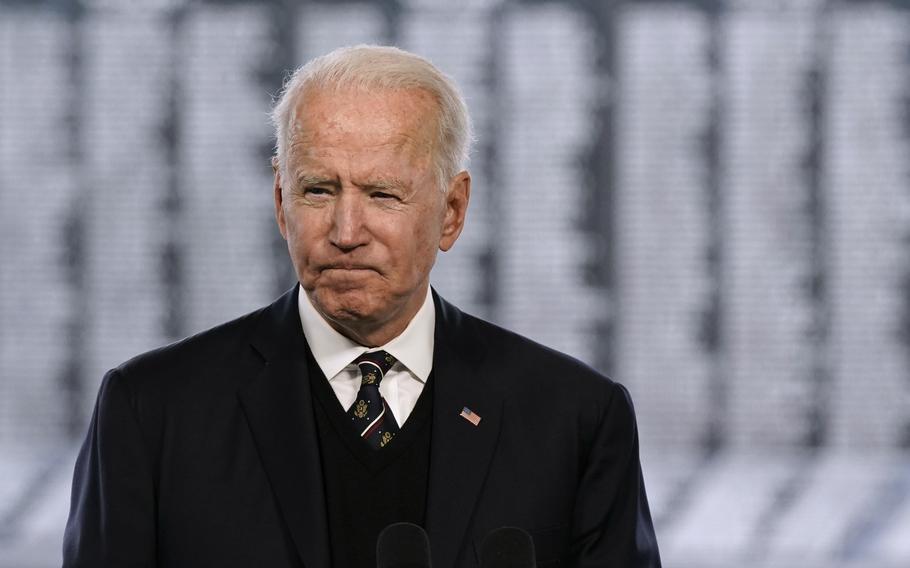 President Joe Biden speaks at a Memorial Day event at Veterans Memorial Park at the Delaware Memorial Bridge in New Castle, Del., Sunday, May 30, 2021.