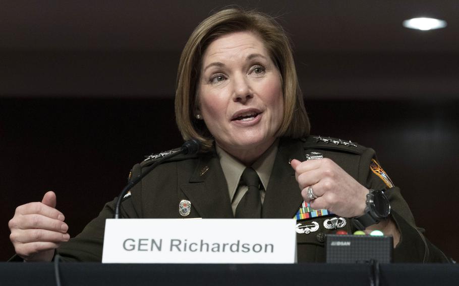 Army Gen. Laura Richardson, commander of U.S. Southern Command, testifies before the Senate Armed Services Committee on Capitol Hill in Washington, on Thursday, March 24, 2022, to examine the posture of SOUTHCOM and U.S. Northern Command.