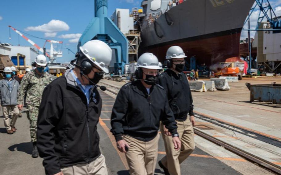 Chief of Naval Operations (CNO) Adm. Mike Gilday tours Bath Iron Works with Sen. Susan Collins and Sen. Angus King on May 10, 2021. During the visit, CNO also met with Sailors aboard USS Daniel Inouye (DDG 118).