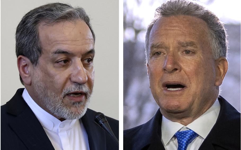 Side-by-side portraits of an Iranian official and a U.S. official, both in dark suits.