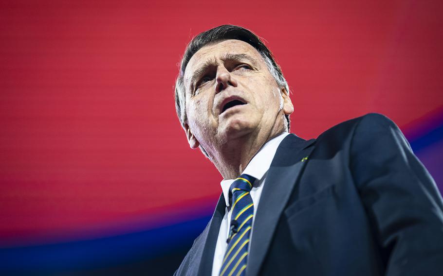Former Brazilian president Jair Bolsonaro speaks at the Conservative Political Action Conference in Fort Washington, Md., a rare public appearance since his term ended.