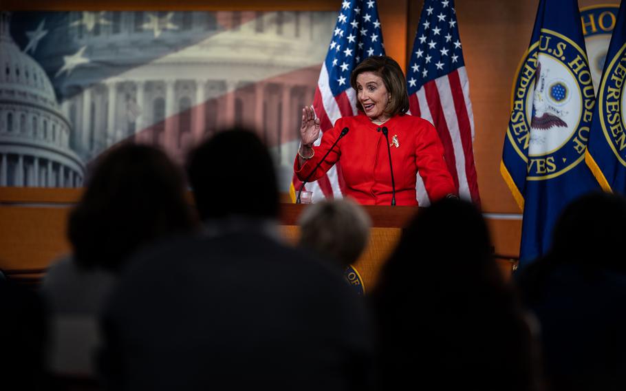 Speaker of the House Nancy Pelosi, D-Calif., at her weekly news conference at the U.S. Capitol Building on Dec. 8, 2021, in Washington, D.C. On Sunday, she said there's an "opportunity" for more federal coronavirus relief. 