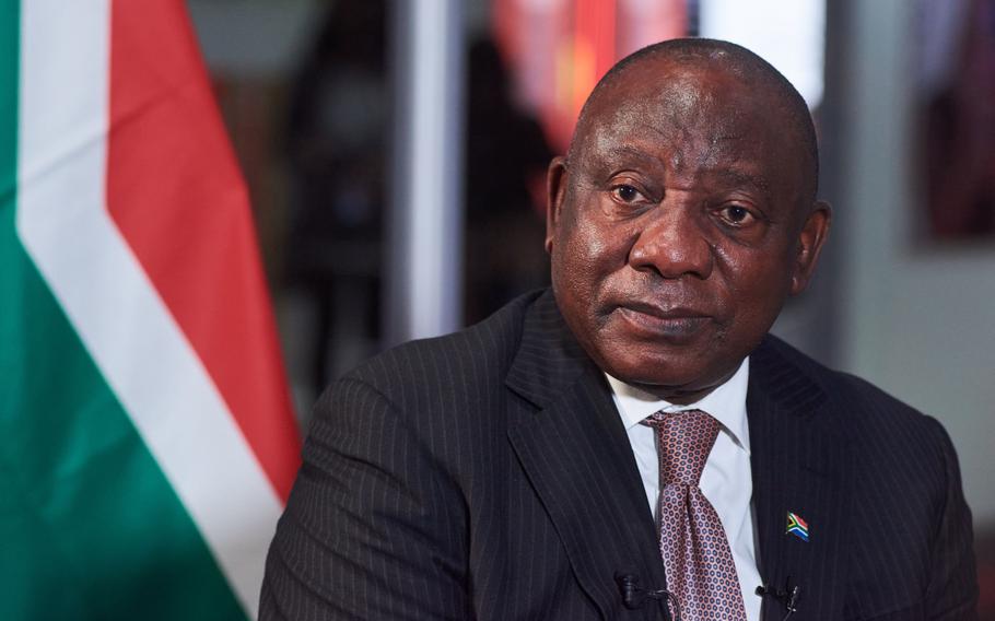 Cyril Ramaphosa, South Africa’s president, during a Bloomberg Television interview at the South Africa Investment Conference in Johannesburg, South Africa, on March 24, 2022. The South African rand is up more than 7% this year, reversing losses seen at the end of 2021. 